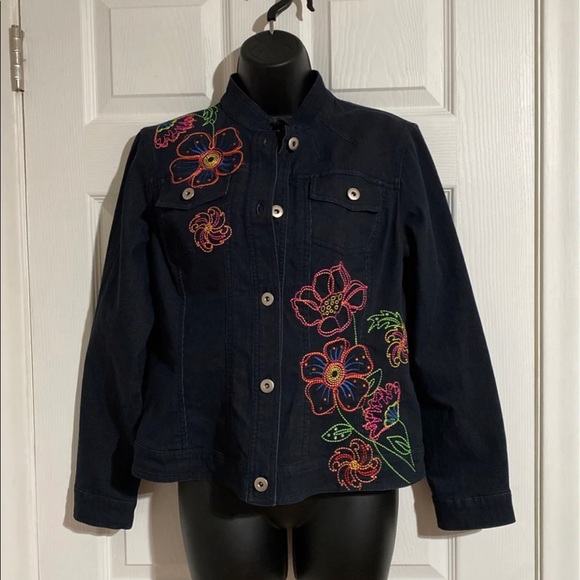 Multiples Embroidered Button Down Cropped Denim Jacket Sz SP - Picture 1 of 9